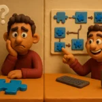 Representación de tareas atómicas, con un personaje que no puede resolver una tarea grande, y otro que dividió la tarea en pasos fáciles de realizar.