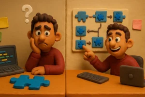 Representación de tareas atómicas, con un personaje que no puede resolver una tarea grande, y otro que dividió la tarea en pasos fáciles de realizar.