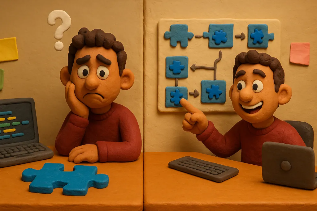 Representación de tareas atómicas, con un personaje que no puede resolver una tarea grande, y otro que dividió la tarea en pasos fáciles de realizar.